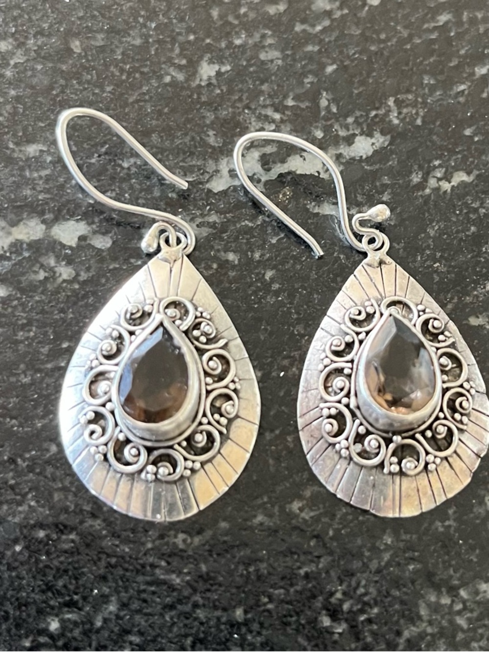 Smoky Quartz Dangle Hook Teardrop Earrings 925 Sterling Silver